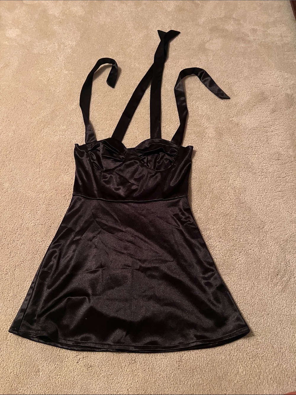 Lucy in the Sky Black Satin Slip Chemise with Tie Straps